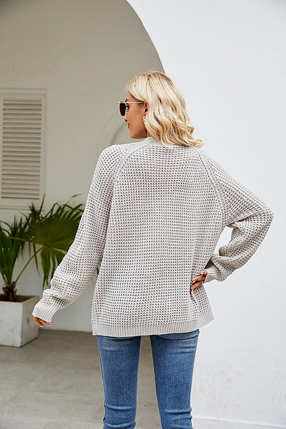 Women's Waffle Knit Cardigan with Open Front and Patch Pockets