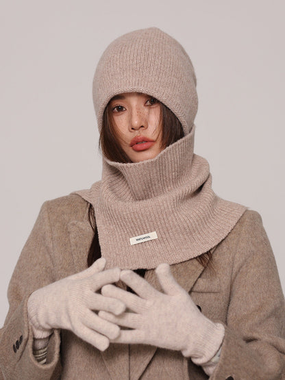 Conjunto de invierno de dos piezas para mujer, con gorro y cuello de lana pura