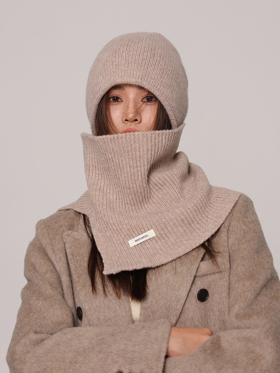 Conjunto de invierno de dos piezas para mujer, con gorro y cuello de lana pura