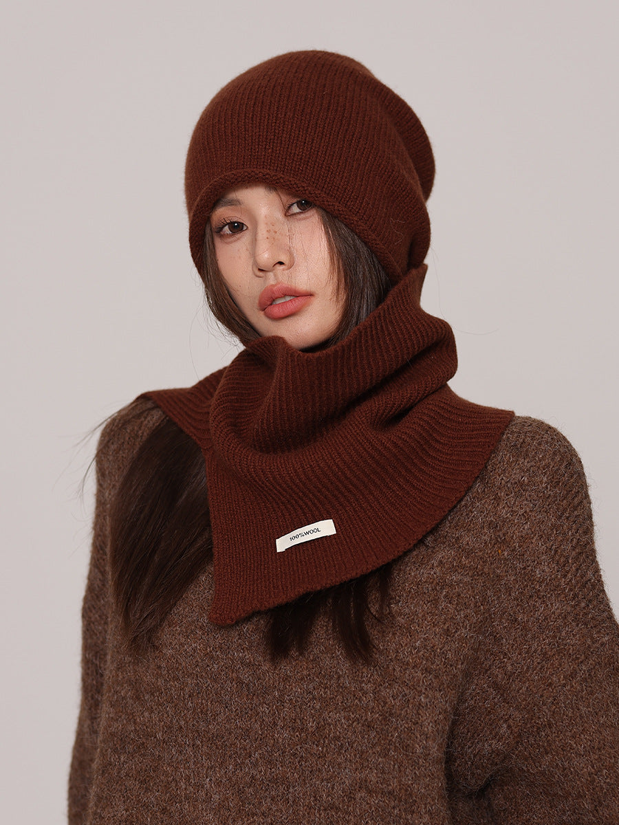 Conjunto de invierno de dos piezas para mujer, con gorro y cuello de lana pura