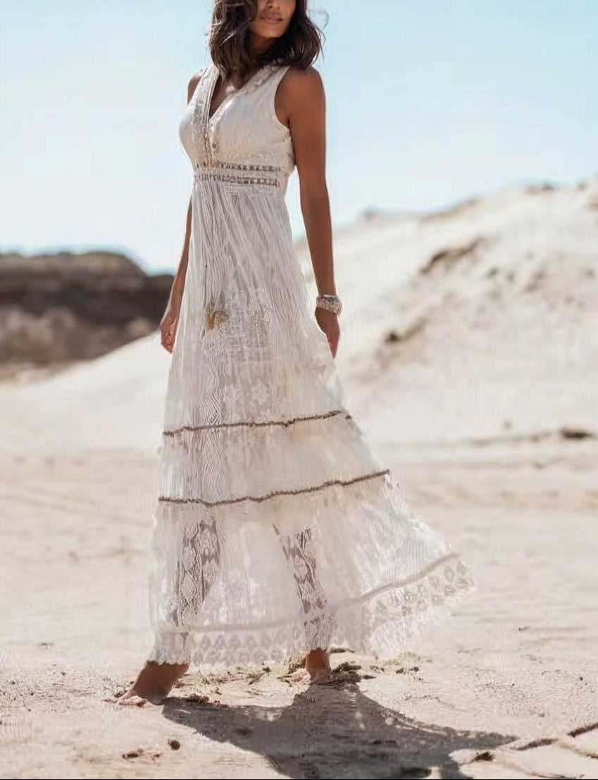 Melissa | Women's Lace A-Line Maxi Dress, Sleeveless Design