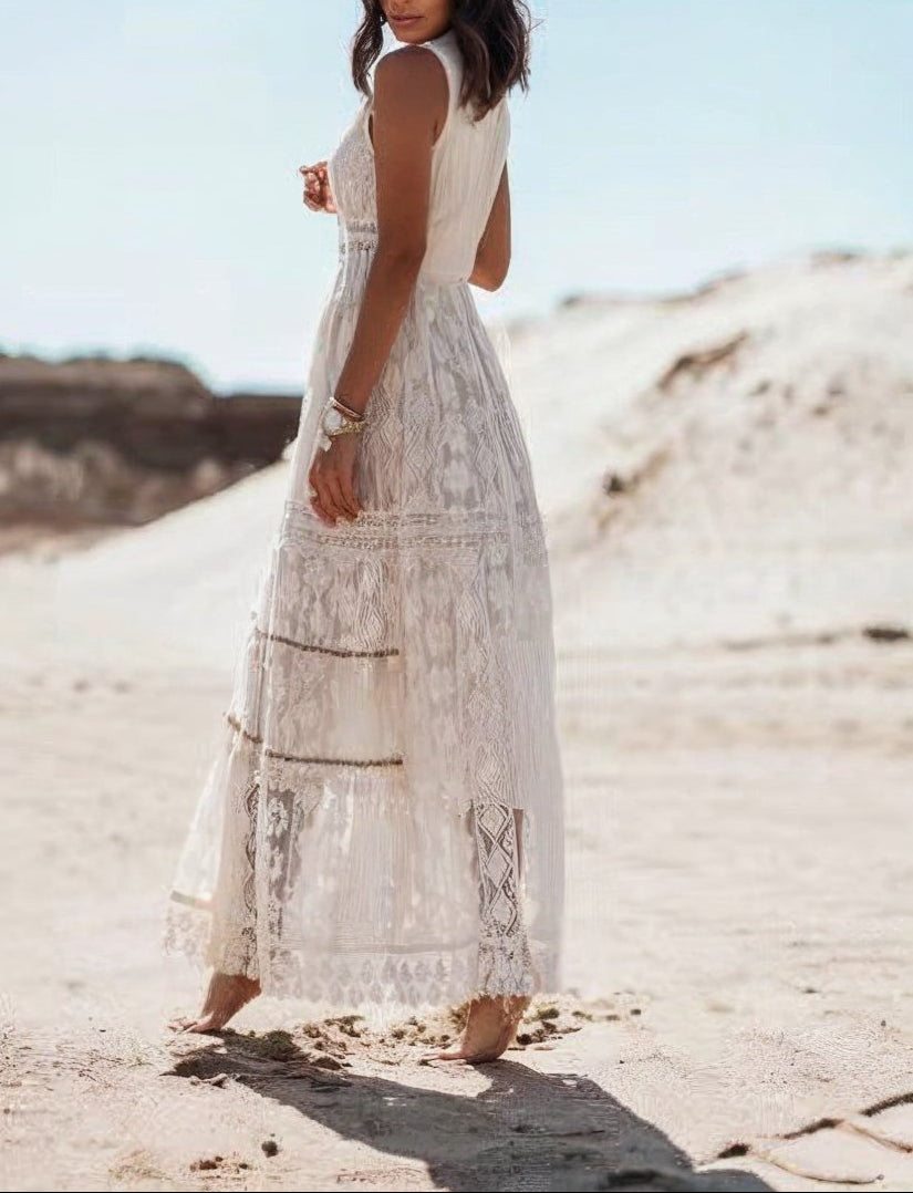 Melissa | Women's Lace A-Line Maxi Dress, Sleeveless Design