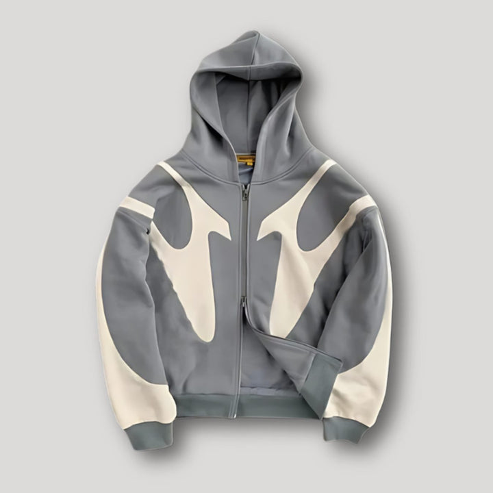 Men's Full-Zip Hoodie with Gray Contrast Panels and Relaxed Fit
