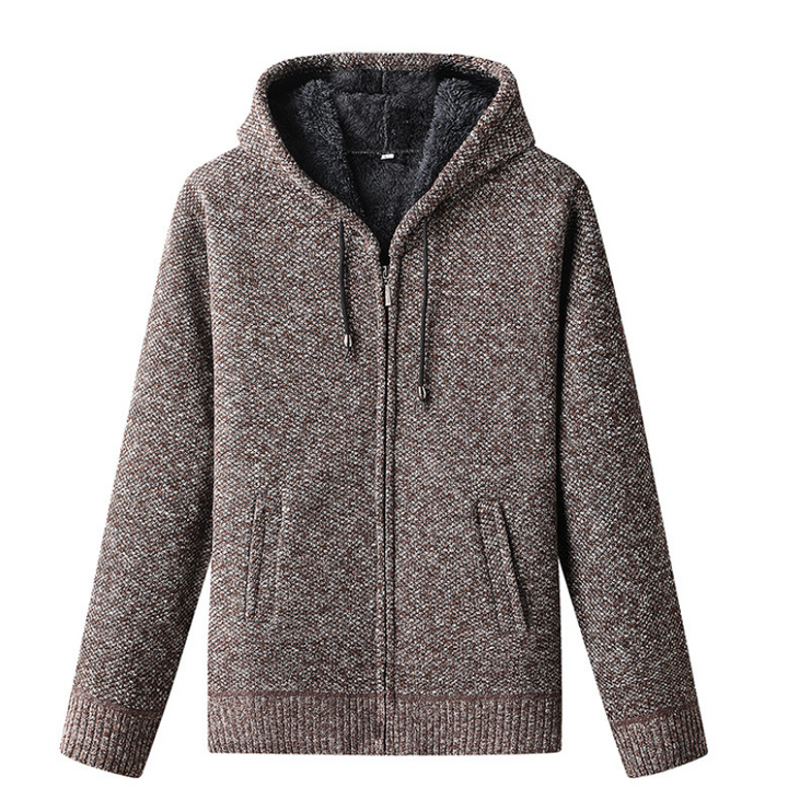 Men's Knitted Zip-Up Hoodie with Drawstring Closure