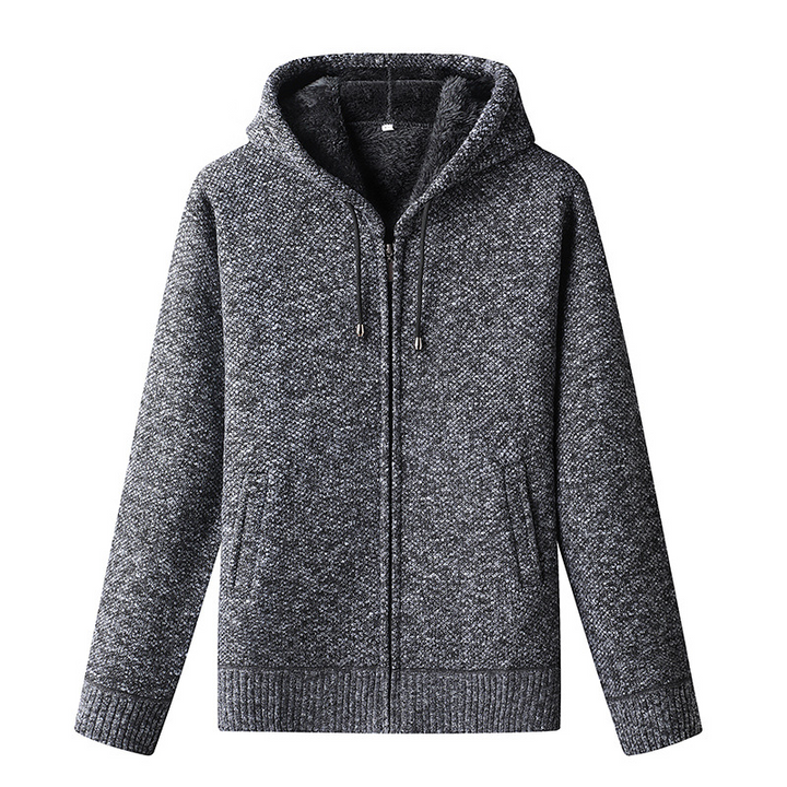 Men's Knitted Zip-Up Hoodie with Drawstring Closure