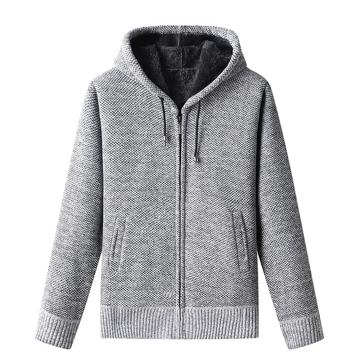 Men's Knitted Zip-Up Hoodie with Drawstring Closure