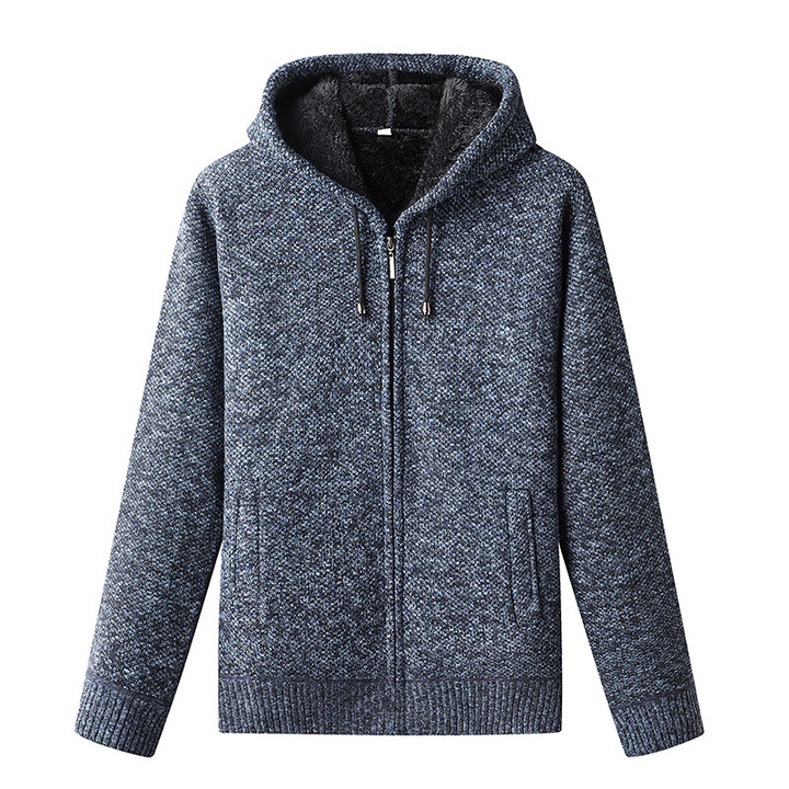 Men's Knitted Zip-Up Hoodie with Drawstring Closure