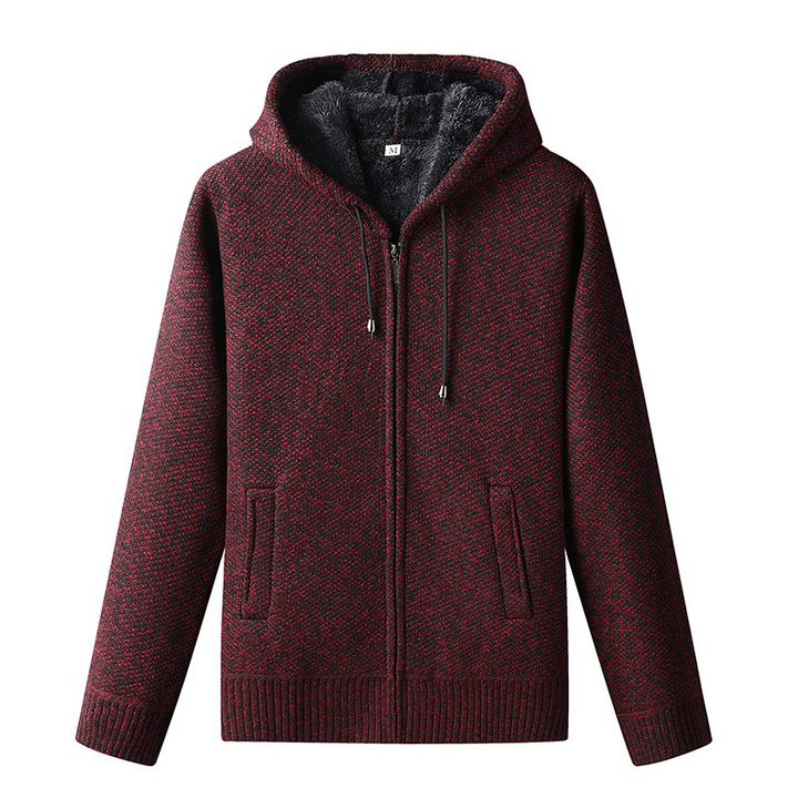 Men's Knitted Zip-Up Hoodie with Drawstring Closure