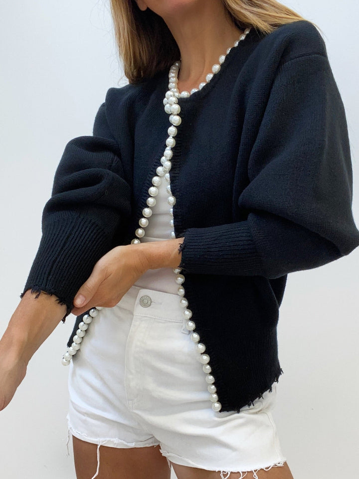 Women's Pearl Trim Distressed Hem Cardigan
