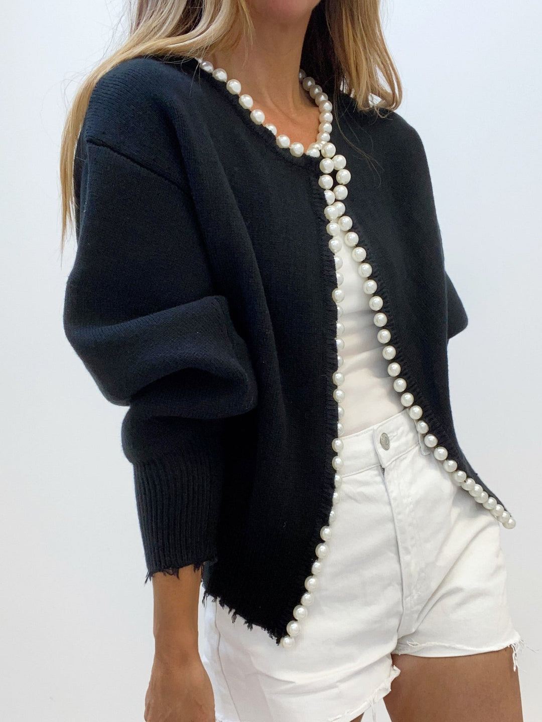 Women's Pearl Trim Ripped Hem Sweater Cardigan