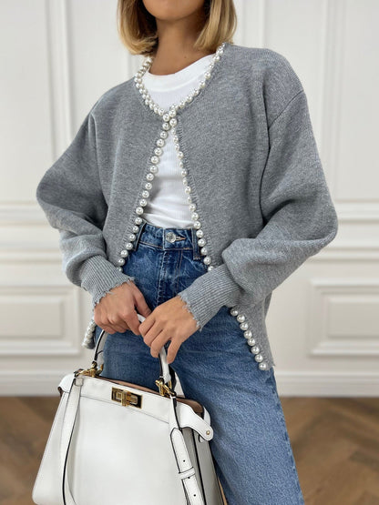 Women's Pearl Trim Cardigan Sweater with Ripped Hem Detail