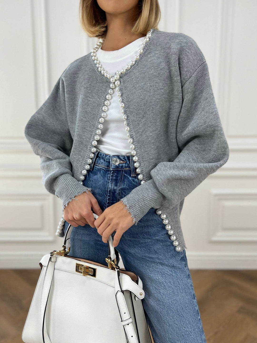 Women's Pearl Trim Distressed Hem Cardigan