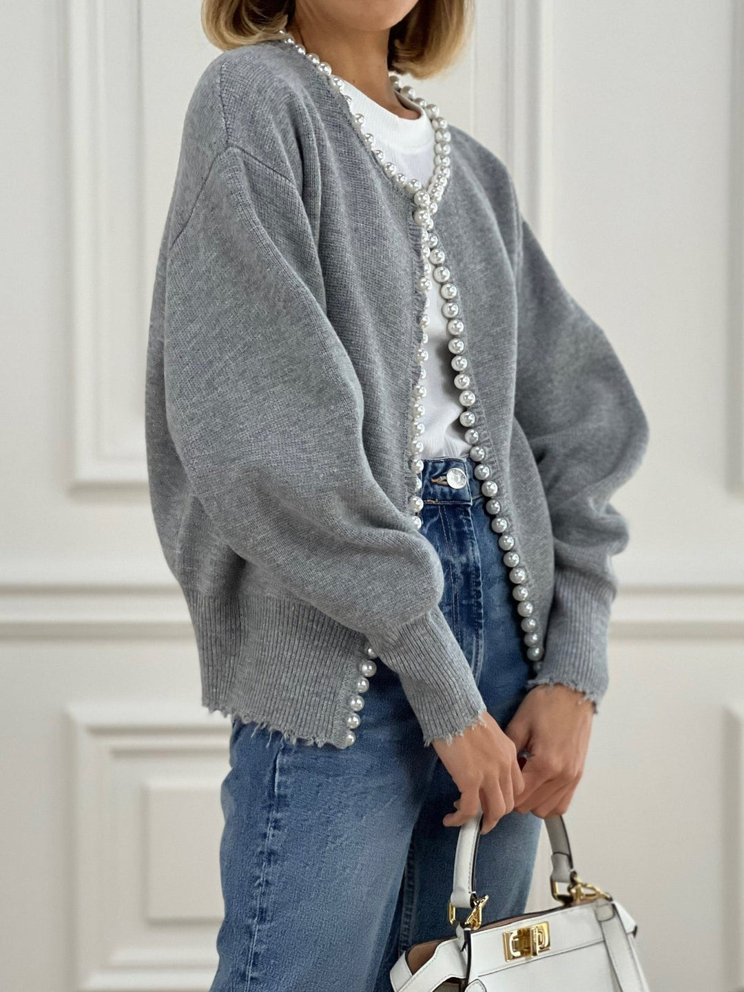 Women's Pearl Trim Ripped Hem Sweater Cardigan