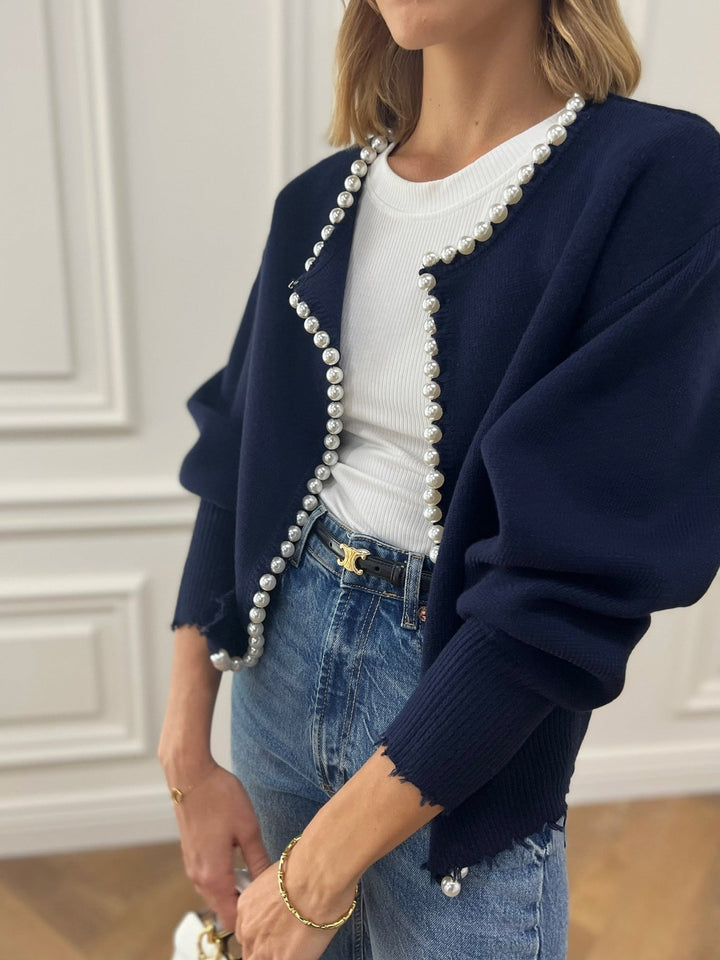 Women's Pearl Trim Ripped Hem Sweater Cardigan