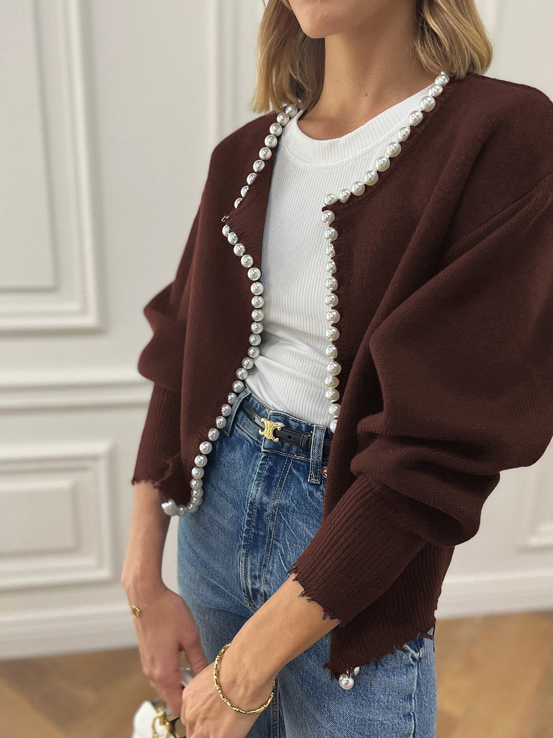 Women's Pearl Trim Distressed Hem Cardigan
