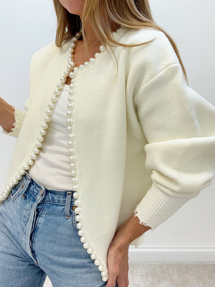 Women's Pearl Trim Ripped Hem Sweater Cardigan
