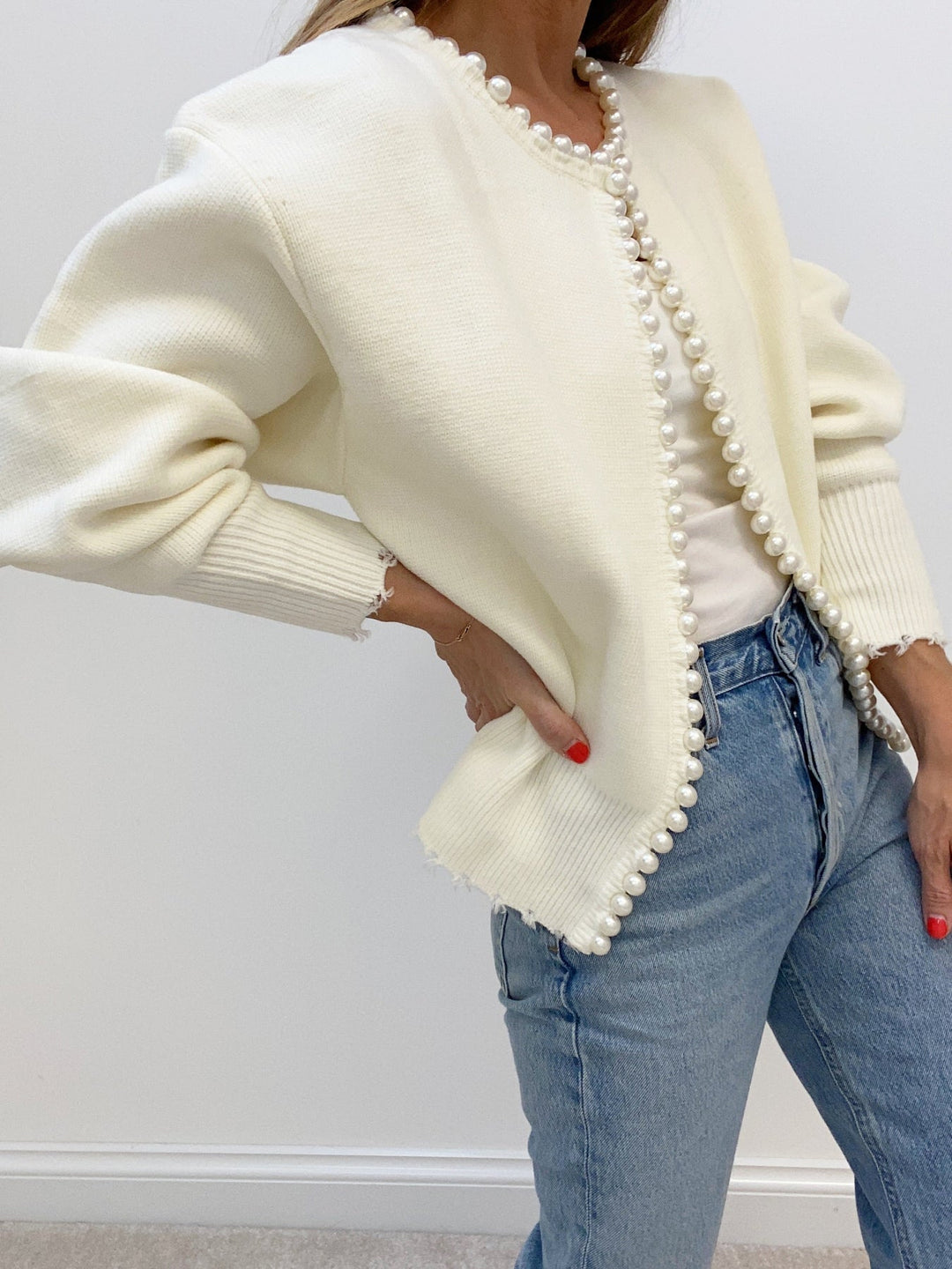Women's Pearl Trim Ripped Hem Sweater Cardigan