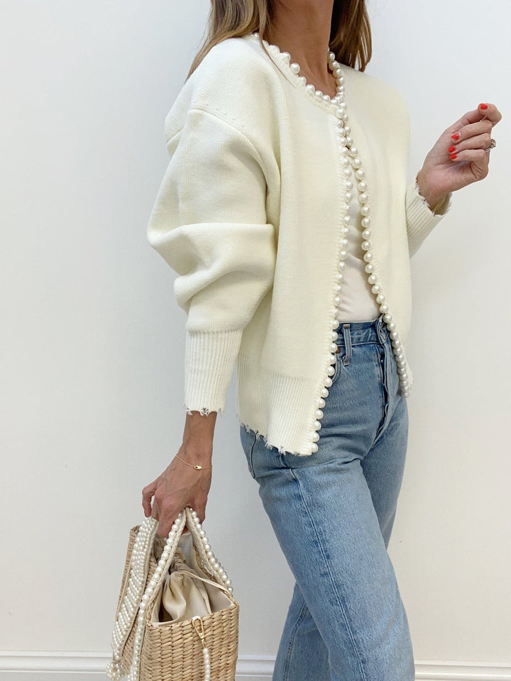 Women's Pearl Trim Ripped Hem Sweater Cardigan