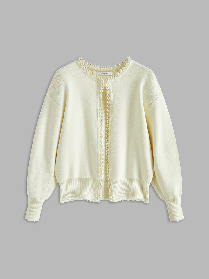 Women's Pearl Trim Ripped Hem Sweater Cardigan