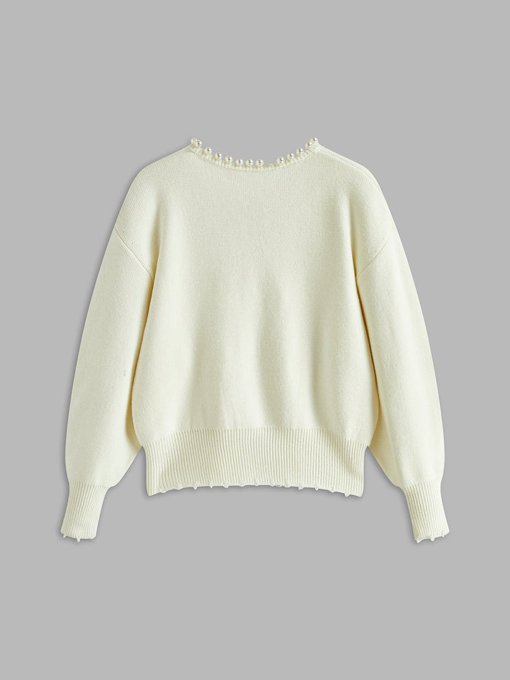 Women's Pearl Trim Distressed Hem Cardigan