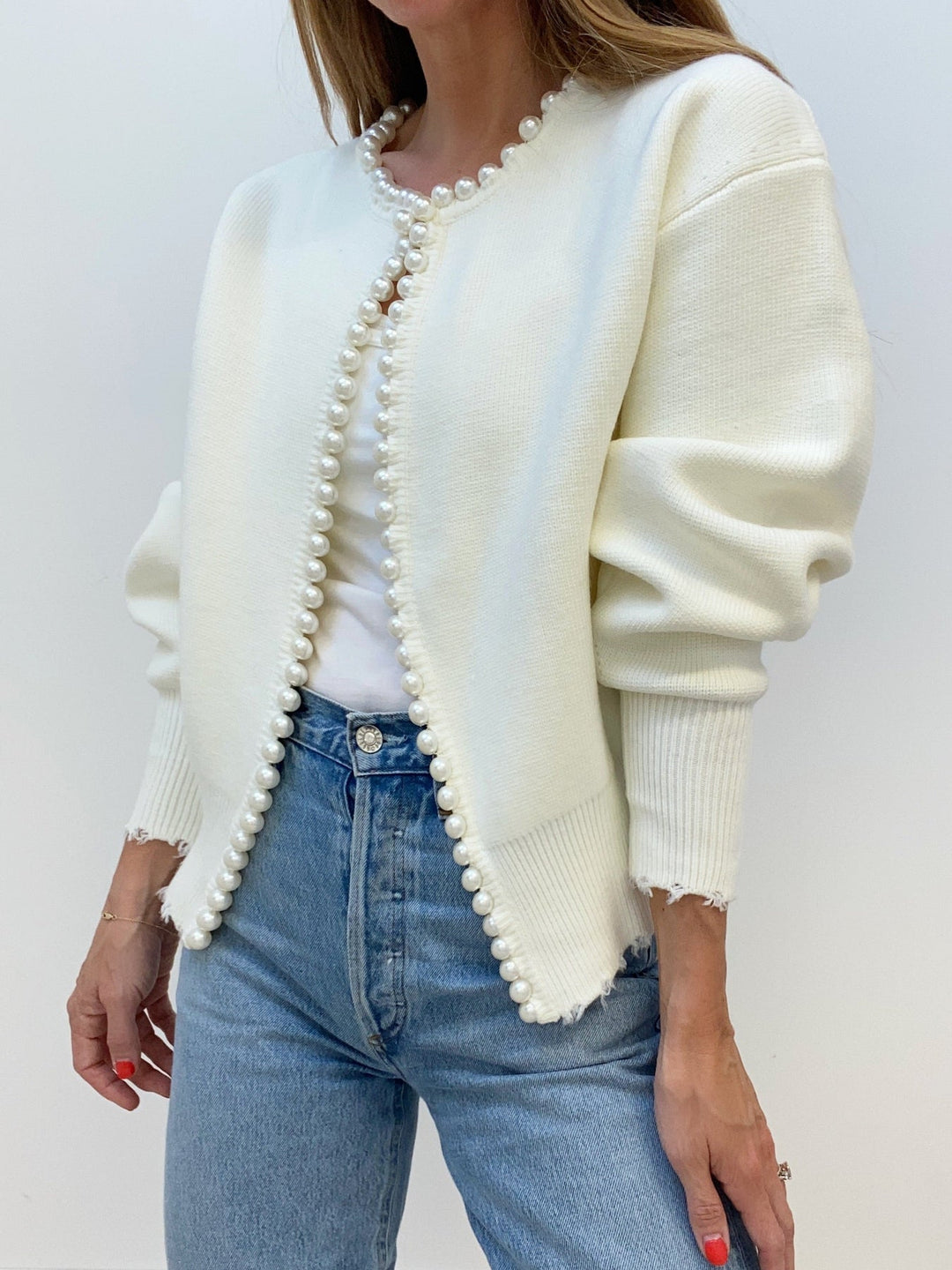Women's Pearl Trim Ripped Hem Sweater Cardigan