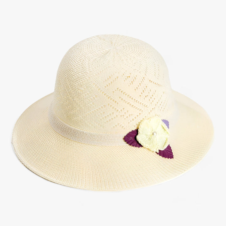 Women's Wide Brim Sun Hat with Pearl Flower Accents