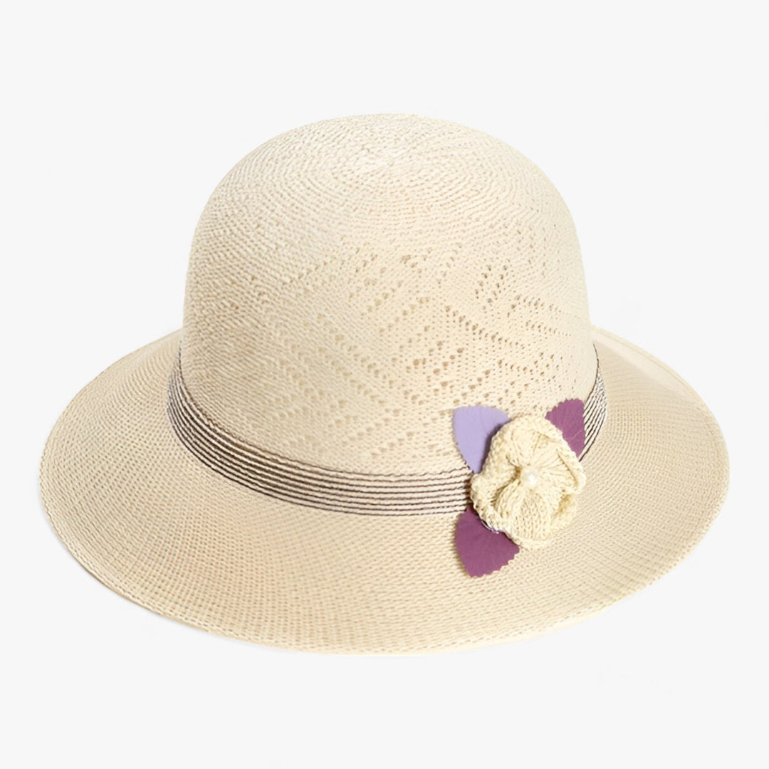 Women's Wide Brim Sun Hat with Pearl Flower Accents