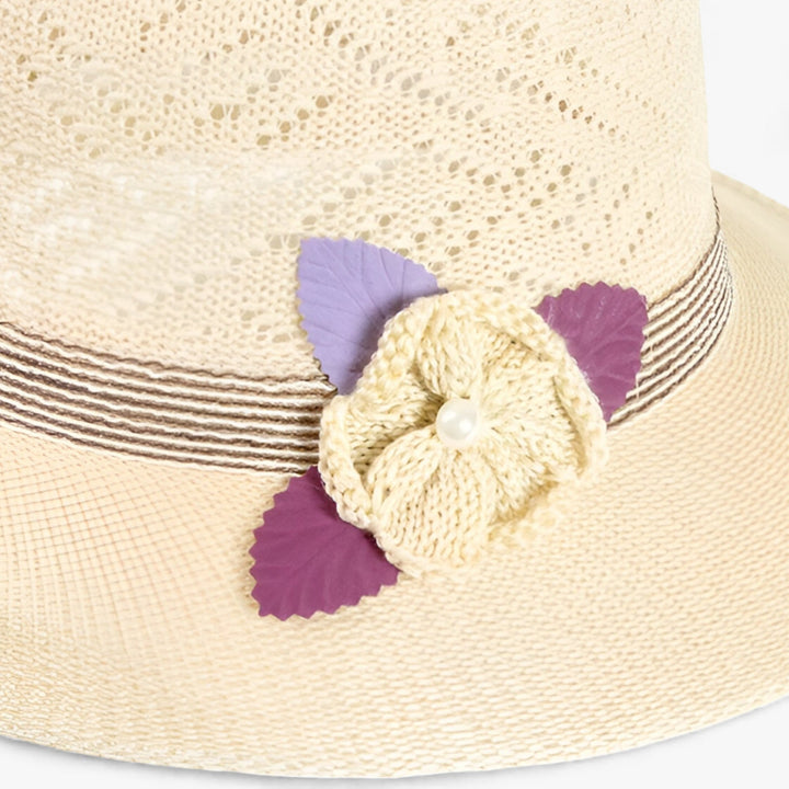 Women's Wide Brim Sun Hat with Pearl Flower Accents