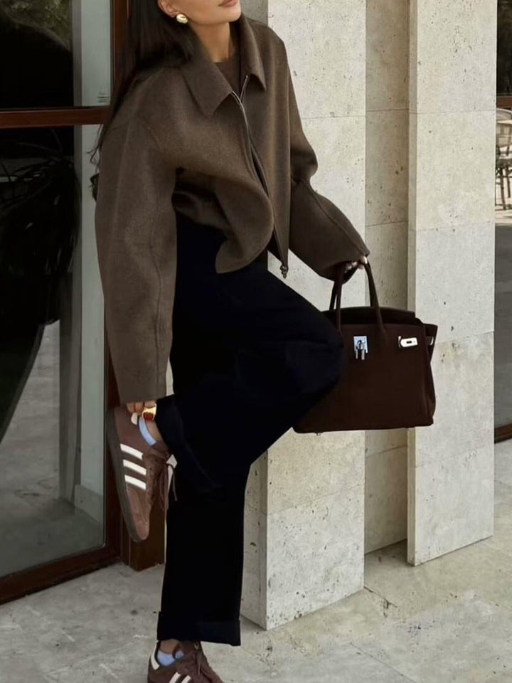 Women's Plain Zipper Tweed Jacket