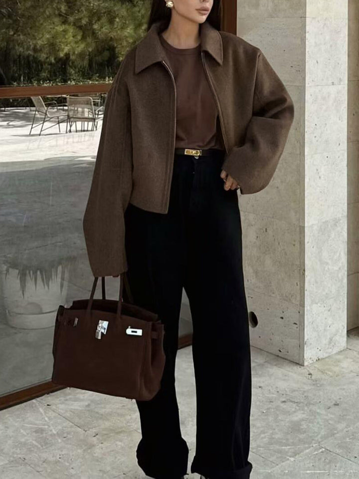 Women's Plain Zipper Tweed Jacket