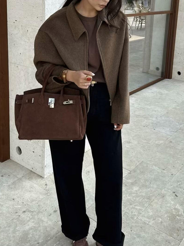 Women's Plain Zipper Tweed Jacket