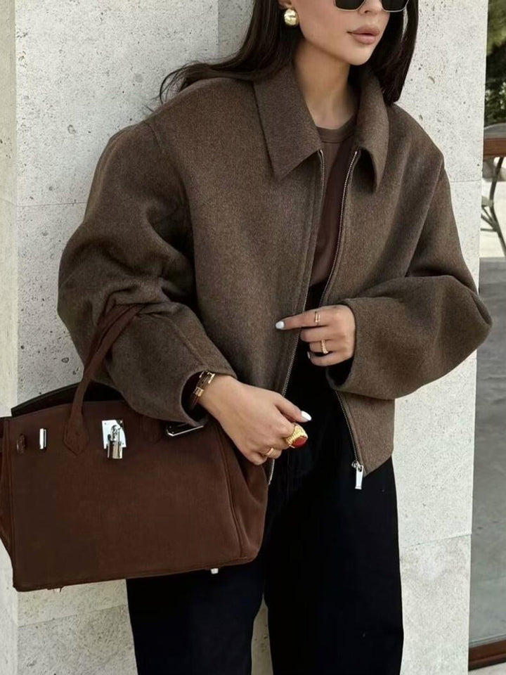 Women's Plain Zipper Tweed Jacket