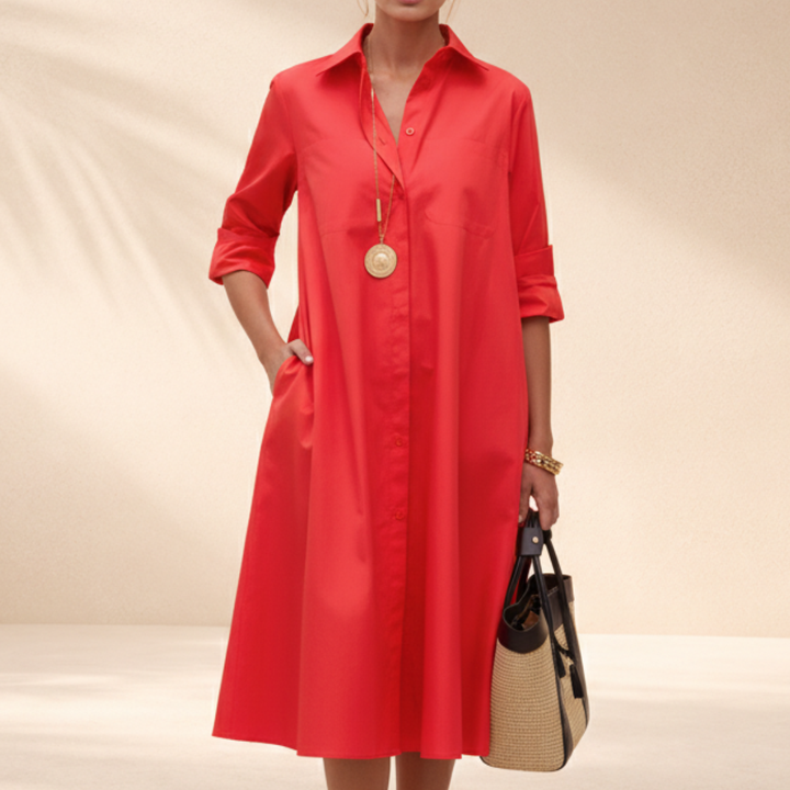 Polly | Women's A-Line Midi Shirt Dress with Collar