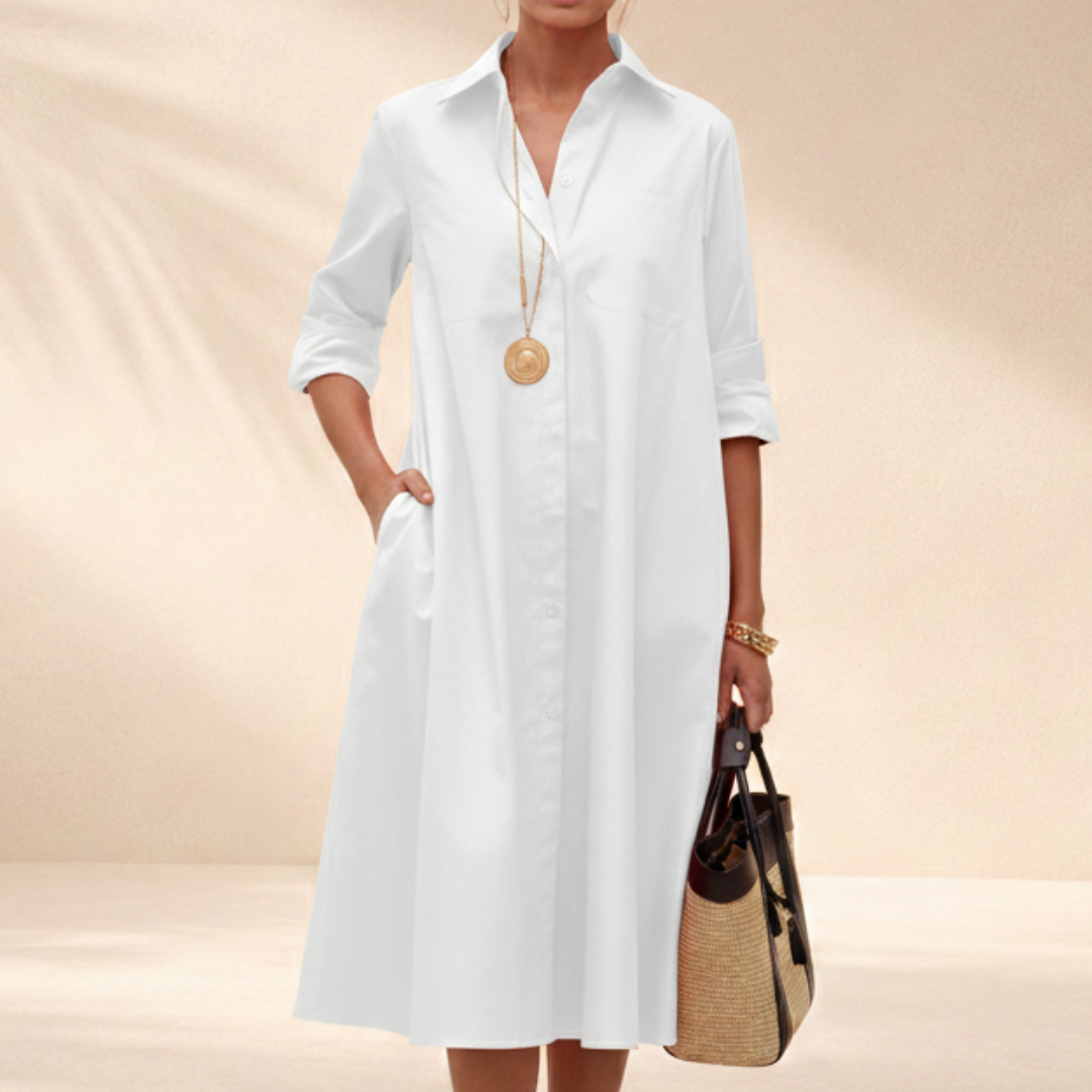 Polly | Women's A-Line Midi Shirt Dress with Collar