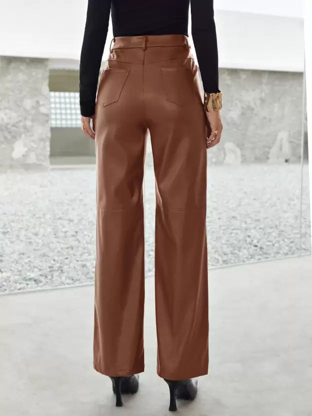 Roxanne | Women's High-Waisted Faux Leather Wide Leg Trousers