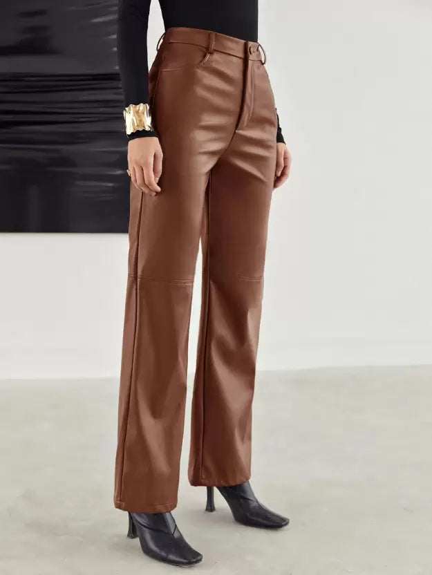 Roxanne | Women's High-Waisted Faux Leather Wide Leg Trousers