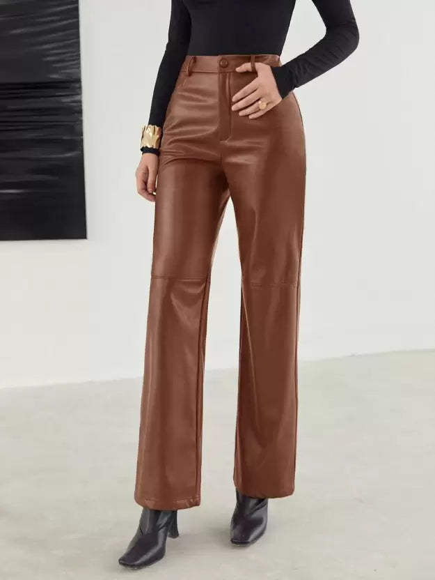 Roxanne | Women's High-Waisted Faux Leather Wide Leg Trousers