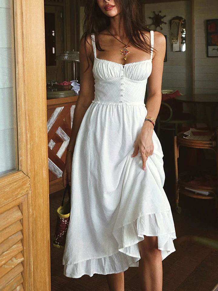 Women's Elegant Ruffled Hem Corset Maxi Dress with Adjustable Straps