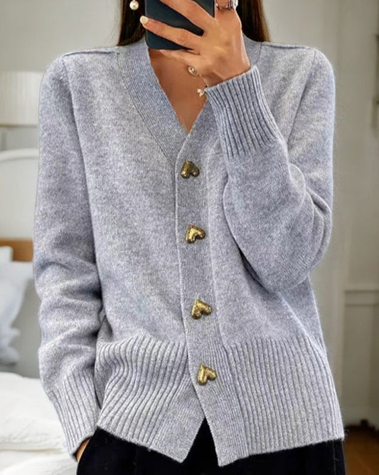 Women's Knit Cardigan with Heart Buttons and Soft Flowy Drape