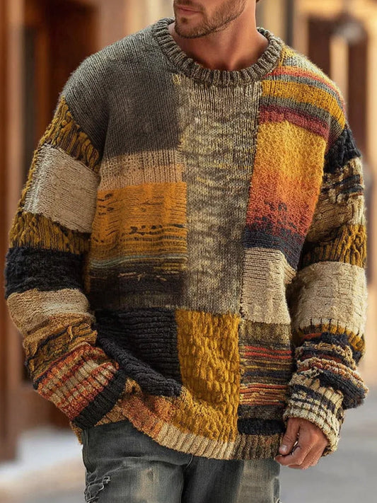 Men's Abstract Knit Sweater with Modern Print and Long Sleeves