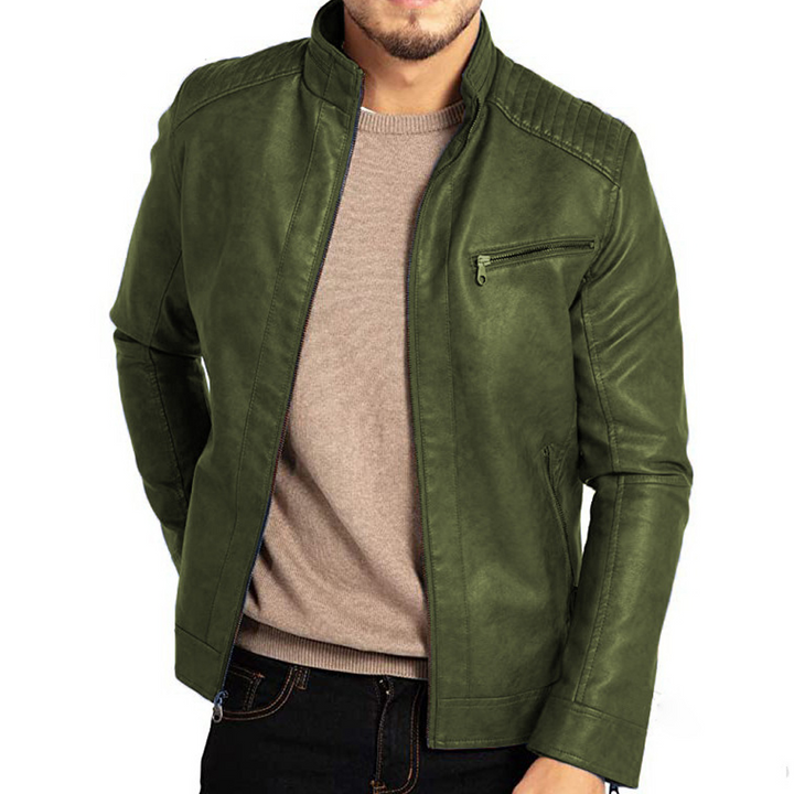 Men's Stand-Up Collar Biker Jacket with Zipper Closure