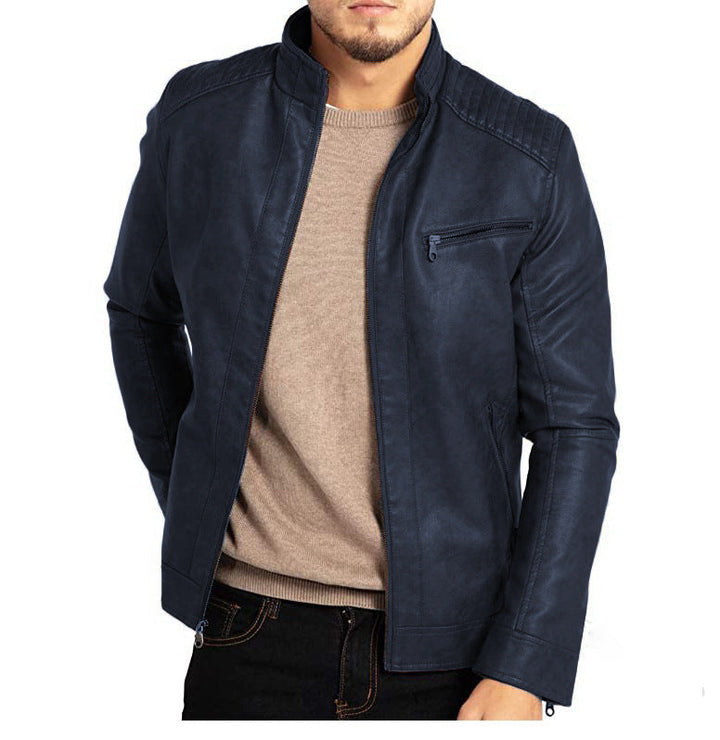 Men's Stand-Up Collar Biker Jacket with Zipper Closure