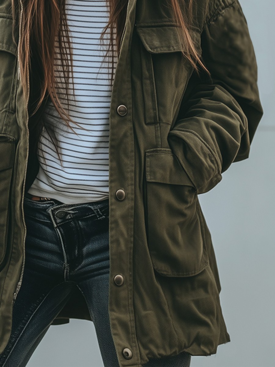 Women's Retro Windproof Jacket with Hood and Pockets