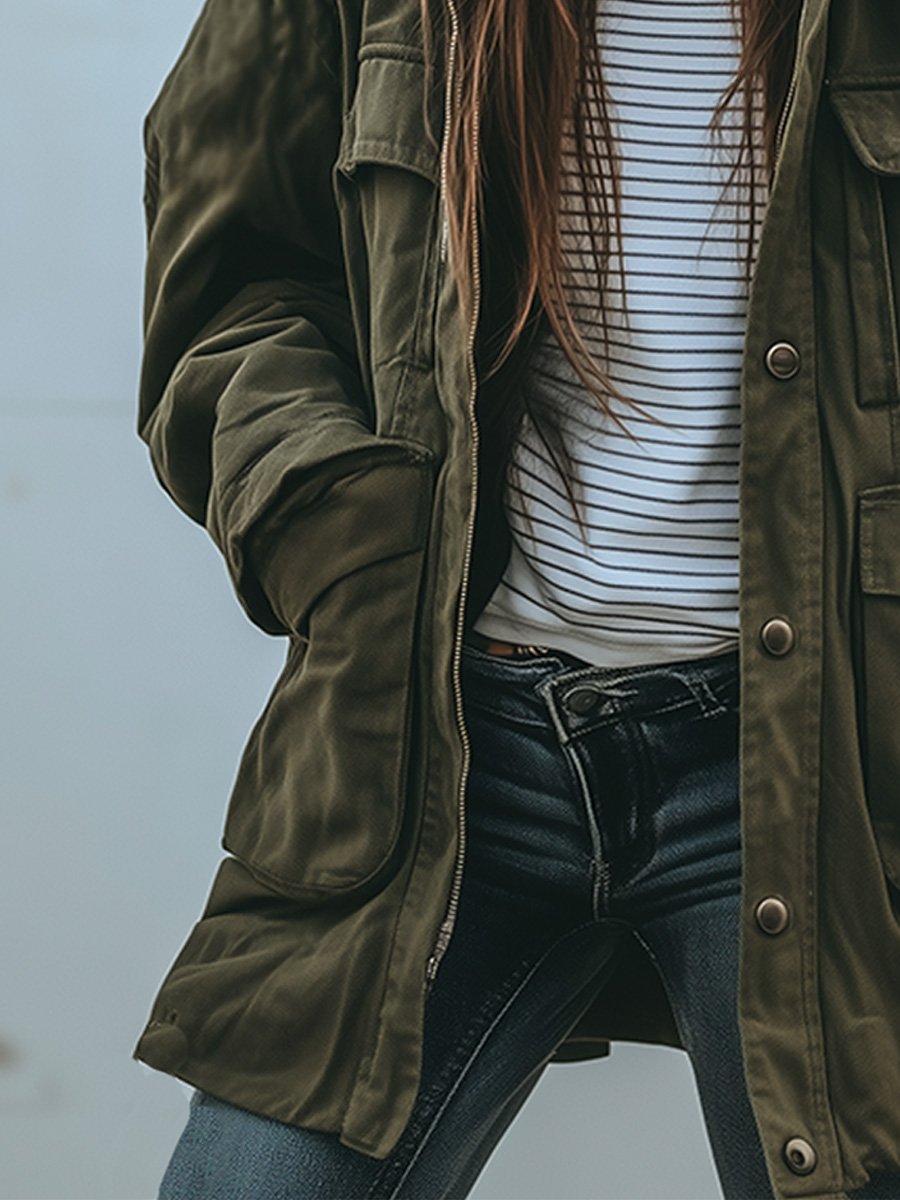 Women's Retro Windproof Jacket with Hood and Pockets