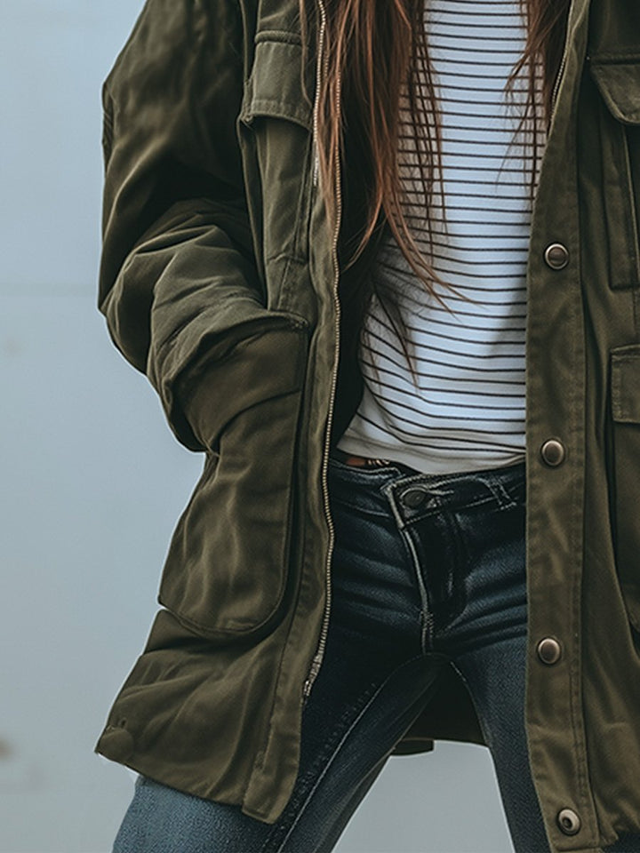 Women's Retro Windproof Jacket with Hood and Pockets
