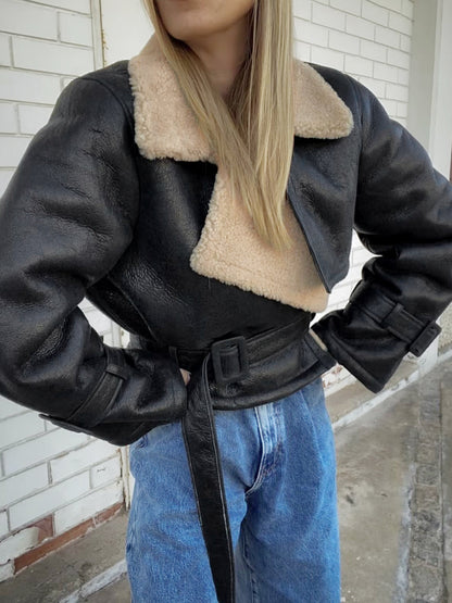 Women's Faux Leather Flight Jacket with Shearling Style Trim