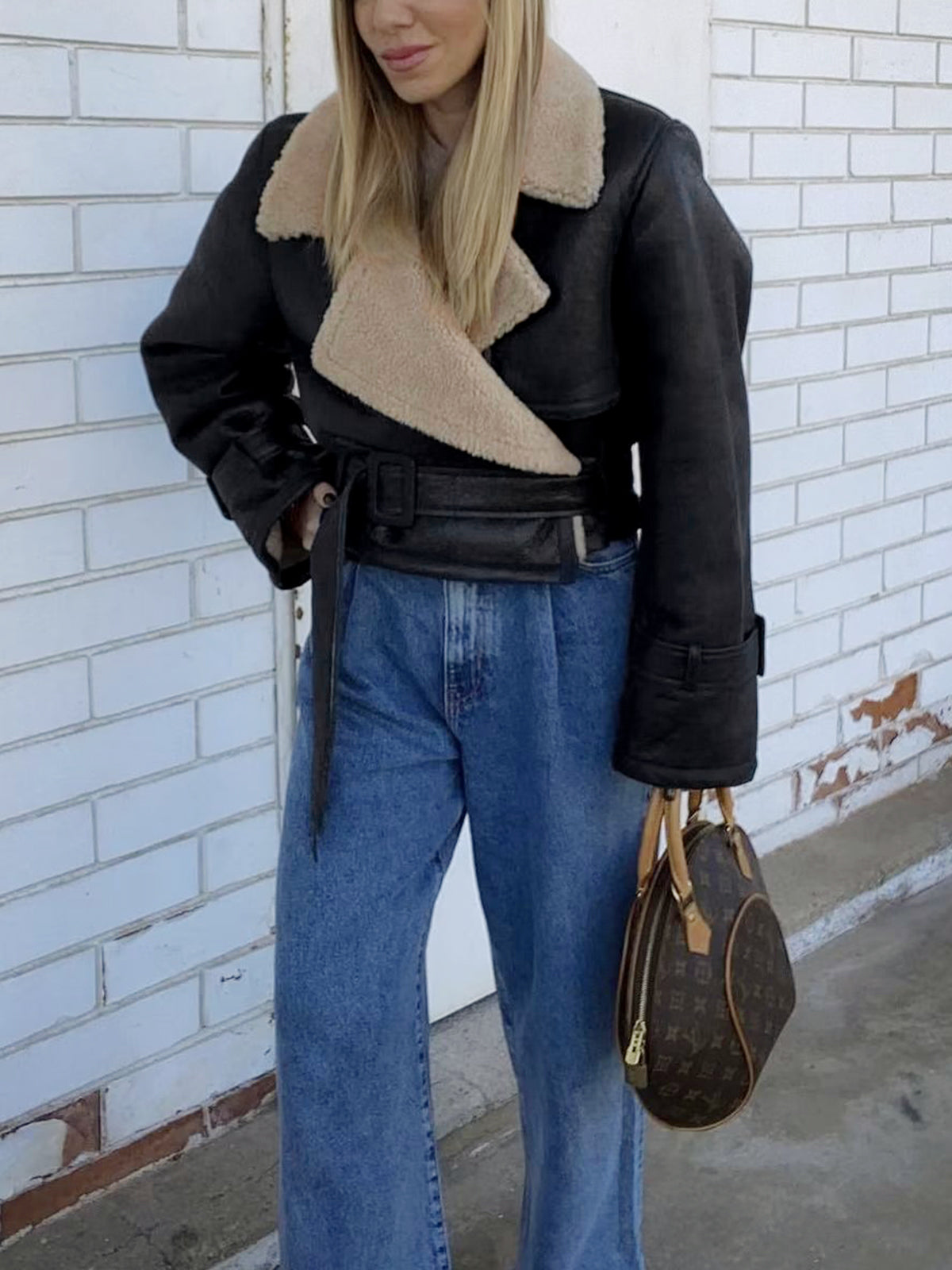 Women's Faux Leather Flight Jacket with Shearling Style Trim