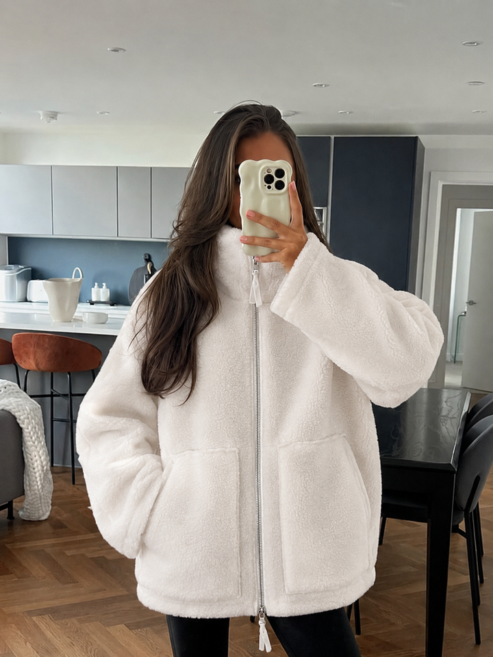 Women's Cozy Mid Jacket with Long Sleeves, Stand-Up Collar, Pockets
