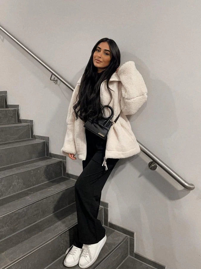 Women's Cozy Mid Jacket with Long Sleeves, Stand-Up Collar, Pockets