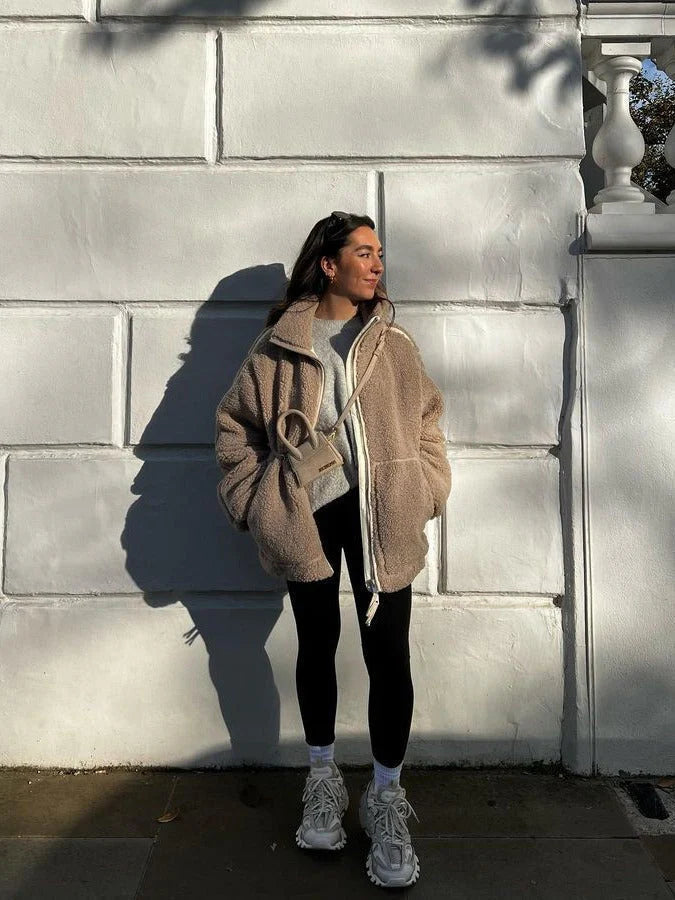 Women's Cozy Mid Jacket with Long Sleeves, Stand-Up Collar, Pockets